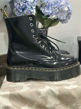 Dr. Martens Black Leather Platform Lace-Up Boots with Yellow Stitching